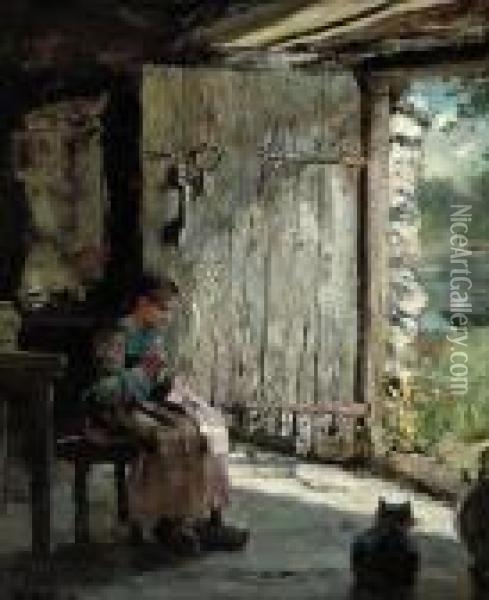 Sewing At The Cottage Door Oil Painting - Henry John Yeend King