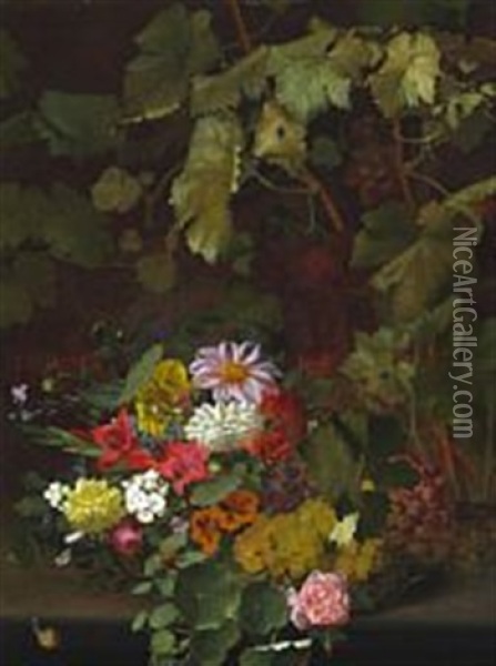 Still Life With Flowers And Vine Leaves Oil Painting - Otto Didrik Ottesen