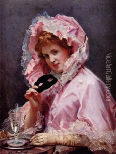 Young Lady With A Mask And Glass Of Absinthe Oil Painting - Raimundo de Madrazo y Garreta