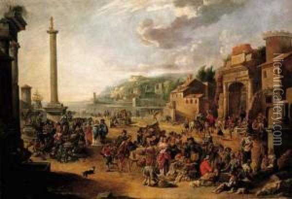 A Market In An Italianate Harbour With Diogenes In Search Of An Honest Man Oil Painting - Anton Goubau