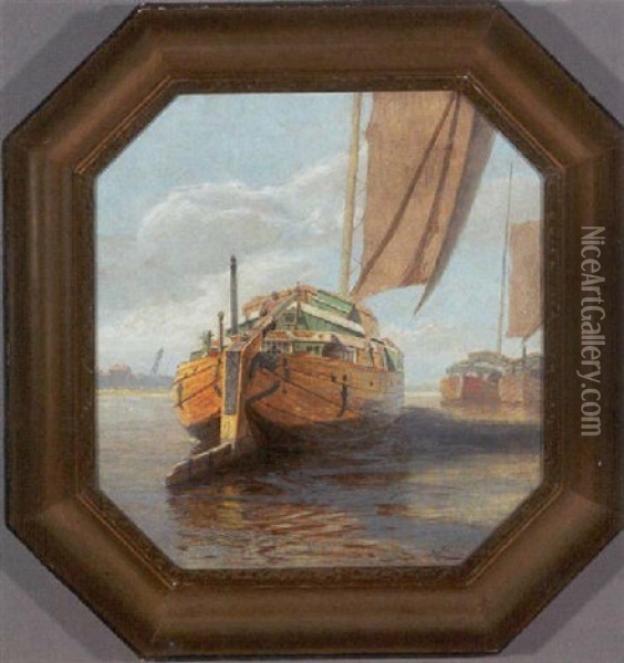 Havneparti Med Hollandske Kuffler Oil Painting - Hans von Petersen