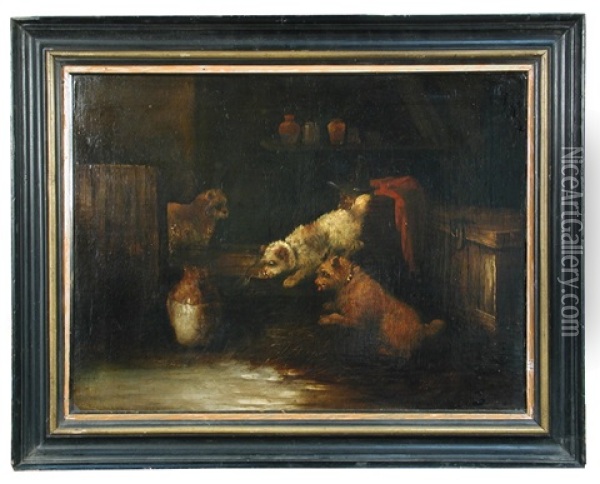 Two Terriers Chasing A Mouse Whilst A Cat Looks On; And Two Terriers Chasing A Cat (a Pair) Oil Painting - George Armfield
