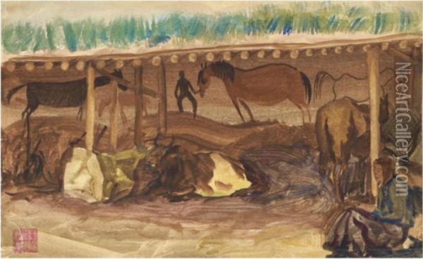 Horse And Cattle In A Stable, Mongolia Oil Painting - Alexander Evgenievich Yakovlev