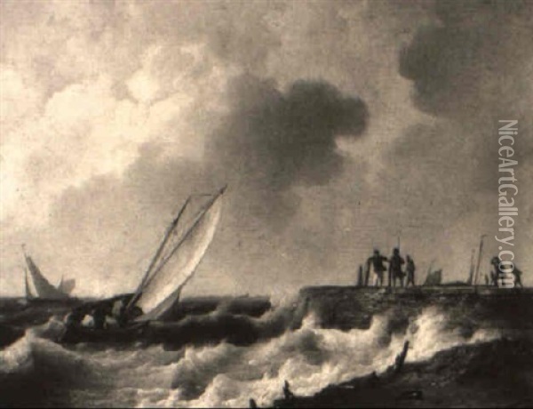 Sailing Off The Harbour Wall Oil Painting - Johannes Hermanus Koekkoek