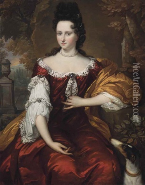 Portrait Of A Lady, Three-quarter-length, With Her Hound Oil Painting - Jan Vollevens the Elder