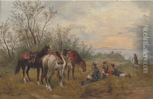 Cossacks Resting Their Horses At Dusk Oil Painting - Jozef Demski