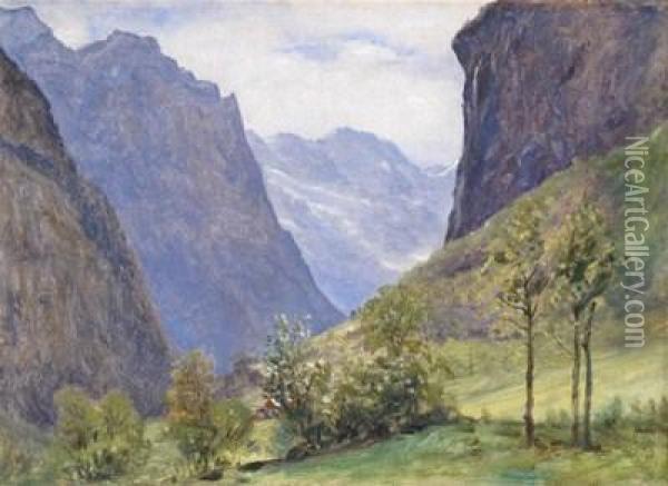 From The Window Of Staubbach Hotel, Lauterbrunnen Oil Painting - William Gale