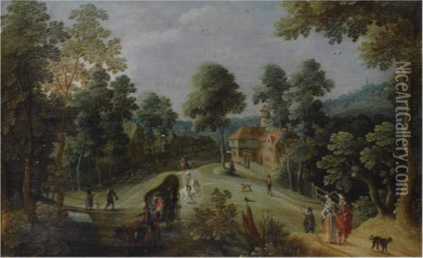 A Wooded Hilly Landscape With 
Elegant Travellers And A Horse-drawn Wagon On A Path, Near A Village Oil Painting - Sebastien Vrancx
