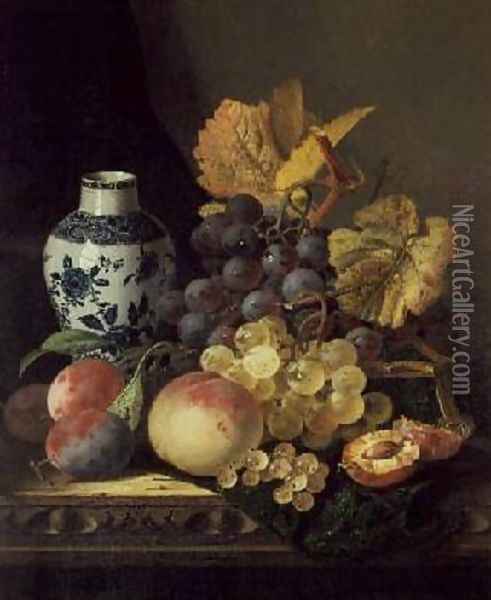 Grapes Peaches Plums and Currants with a Blue and White Vase Oil Painting - Edward Ladell