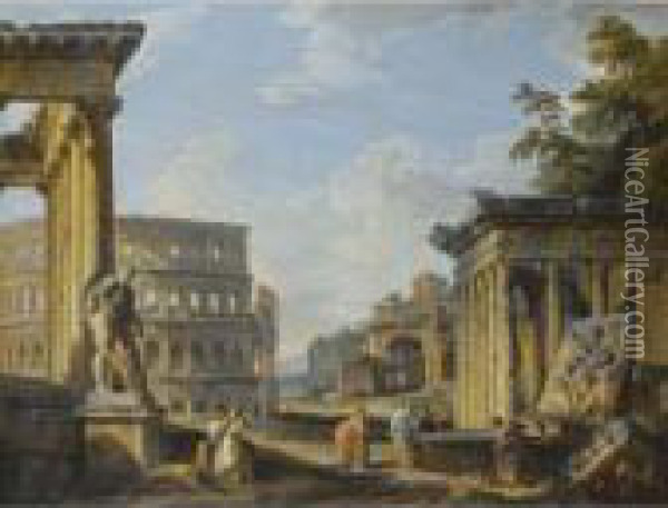 Capriccio Of Classical Ruins With The Temple Of Antonius Andfaustina Oil Painting - Giovanni Niccolo Servandoni