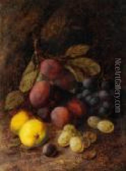 Still Life, Ripe Plums, Grapes And Apples On A Mossy Bank Oil Painting - Vincent Clare