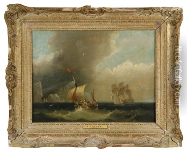 Fishing Boats And Freighters Off Treacherous Coast Oil Painting - Frederick Calvert
