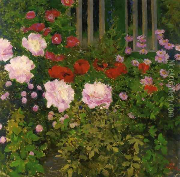 Blooming Flowers with Garden Fence Oil Painting - Koloman Moser