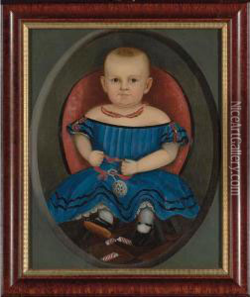 A Portrait Of A Child Wearing A 
Double-strand Coral And Gold Necklace, Blue Dress Decorated With Coral 
And Gold Strands, And Patent Leather Shoes, And Holding A Silver Rattle 
With Teething Ring And A Broken Candy Cane Oil Painting - Joseph Whiting Stock
