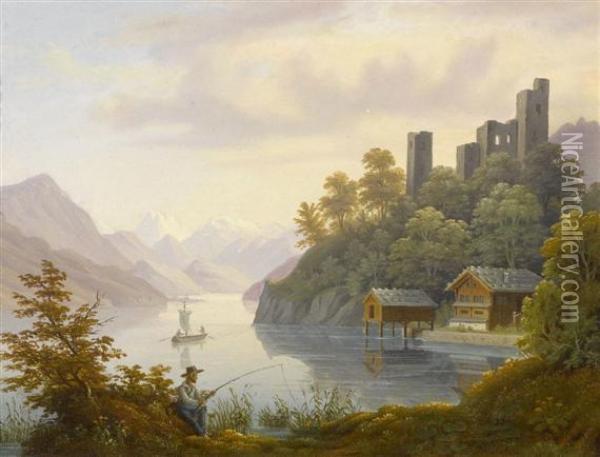Lake Lucerne With The Stanserhorn And The Pilatus Oil Painting - Anton Winterlin