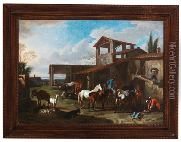 Rider Resting Before A Farmhouse Oil Painting - Pieter van Bloemen