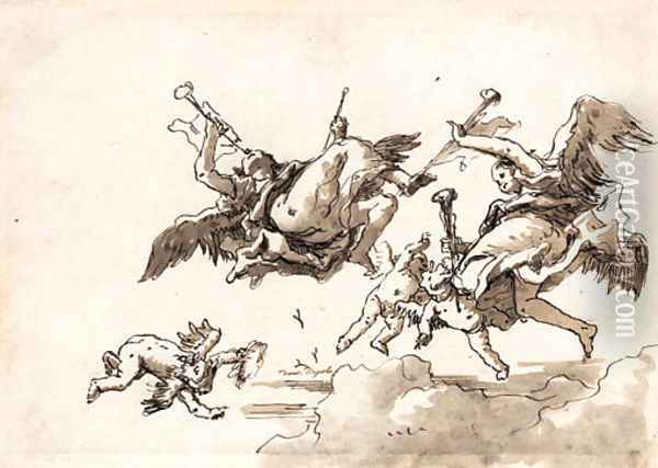Angels in flight blowing trumpets Oil Painting - Giovanni Domenico Tiepolo