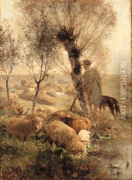 A Shepherd Tending His Flock Oil Painting - Heinrich Johann Von Zugel