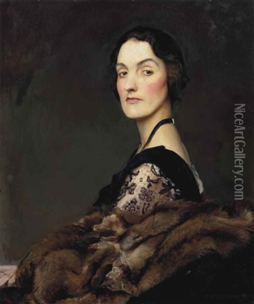 Portrait Of A Lady In A Black Velvet And Lace Dress, With A Fur Oil Painting - George Spencer Watson