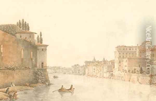 View of the Tiber looking towards the churches of San Spirito dei Napoleonic Oil Painting - Victor Jean Nicolle