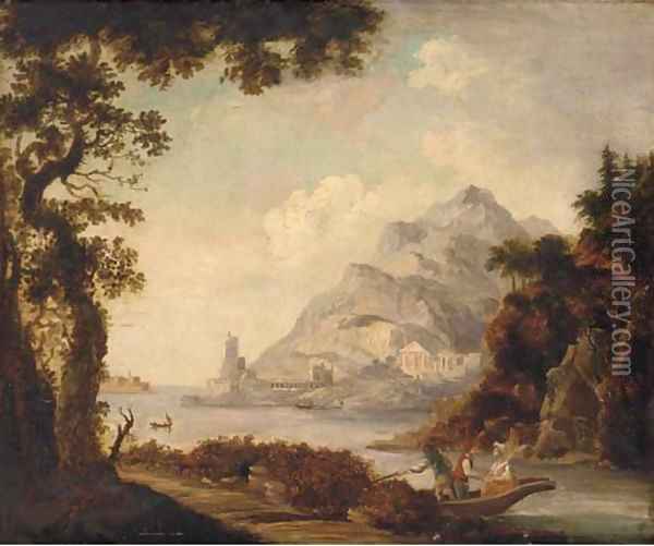 Figures in a boat before classical ruins, in a Mediterranean harbour Oil Painting - Claude Lorrain (Gellee)