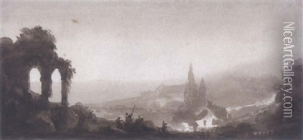 Ruines Antiques Dans Un Paysage Imaginaire Oil Painting - Louis Jaques Mande Daguerre