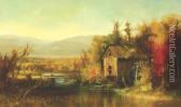 Mill On The Saco River In An Extensive White Mountain Landscape Oil Painting - Harrison Bird Brown