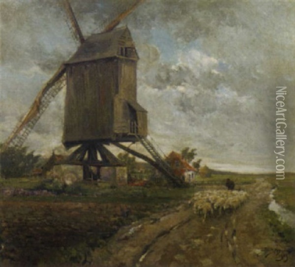 Leading The Sheep Past The Mill Oil Painting - Jacques Madyol