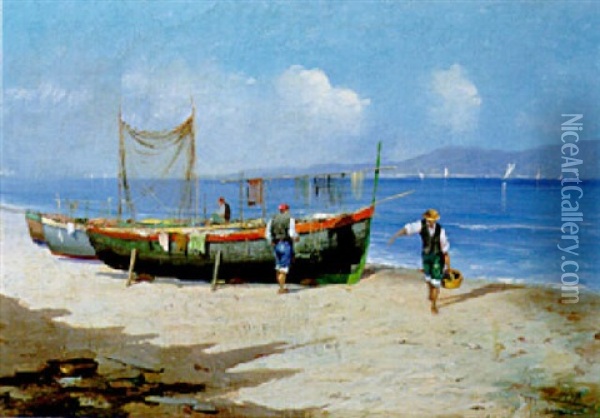 Pescatori A Riva Oil Painting - Leonardo Roda