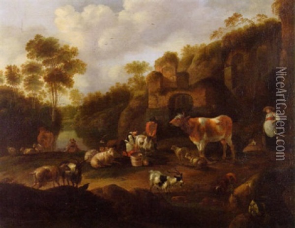 Landscape With Ruins, Peasants Milking The Goats And Livestock Oil Painting - Jacob Gerritsz van Bemmel