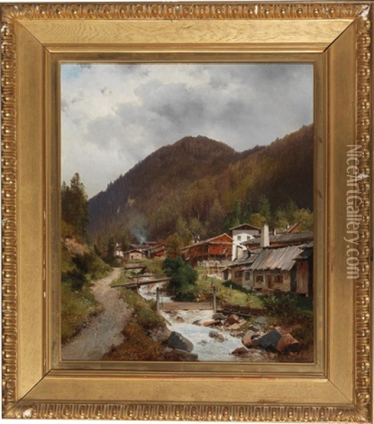 A Mountain Village With Weir (east Ryrol?) Oil Painting - Carl Hasch