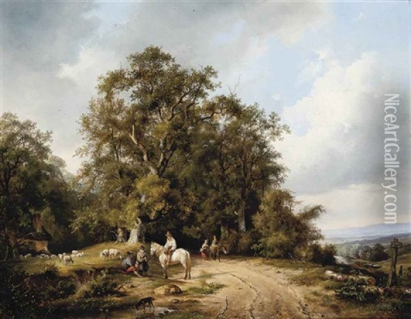 Travellers In A Dutch Landscape Oil Painting - Frans Arnold Breuhaus de Groot