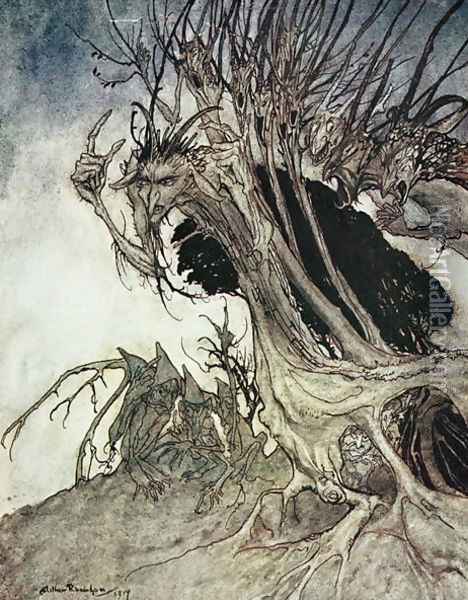 Calling shapes and beckoning shadows dire, from Comus by Milton, 1914 Oil Painting - Arthur Rackham