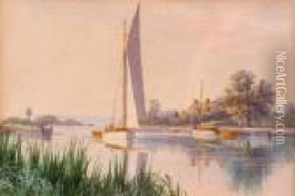 A Calm Day, Hornsey Ferry With Sailing Yachts Oil Painting - Stephen John Batchelder