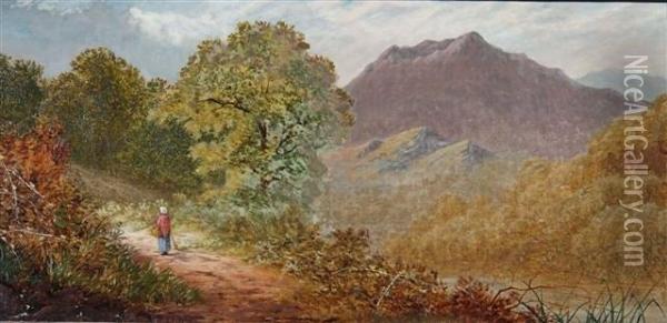 A Lady With Basket On A Country Lane Oil Painting - E. B. Kincaid