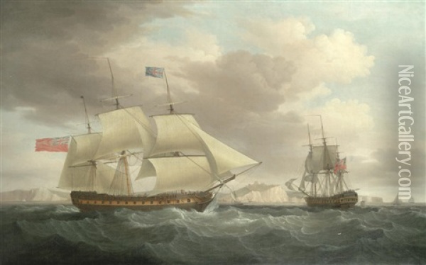 The East Indiaman Surat Castle In Two Positions Calling For A Pilot Off Dover Oil Painting - Thomas Whitcombe