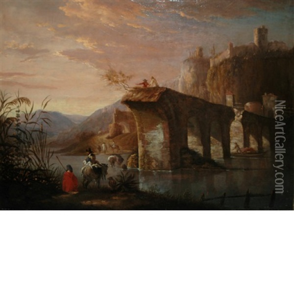 Italian Landscape With Figures Before The Ruins Of A Roman Bridge Oil Painting - Jan Dirksz. Both