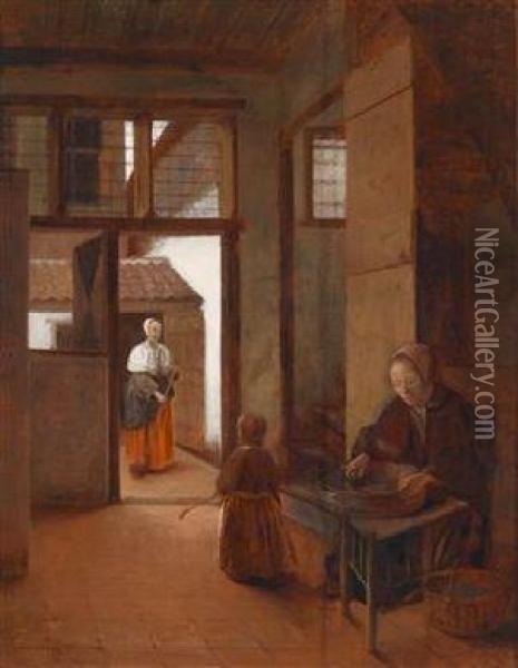 Interieur Mit Einer Frau Und Einem Kind Sowieeiner Magd Oil Painting - Pieter De Hooch