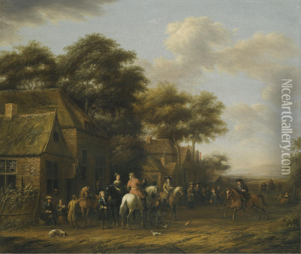 A Pair Of Village Scenes With Numerous Figures, Horses And Chickens Oil Painting - Barend Gael or Gaal
