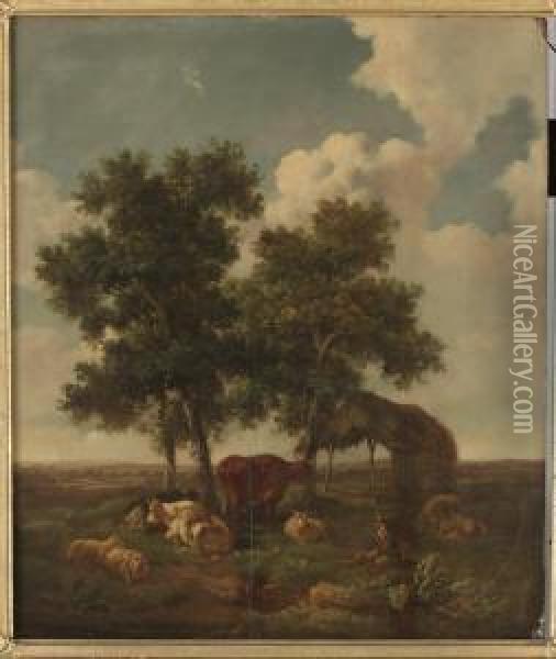 Pastoralt Landskap Med Kor Och Herde Oil Painting - Henry Milbourne