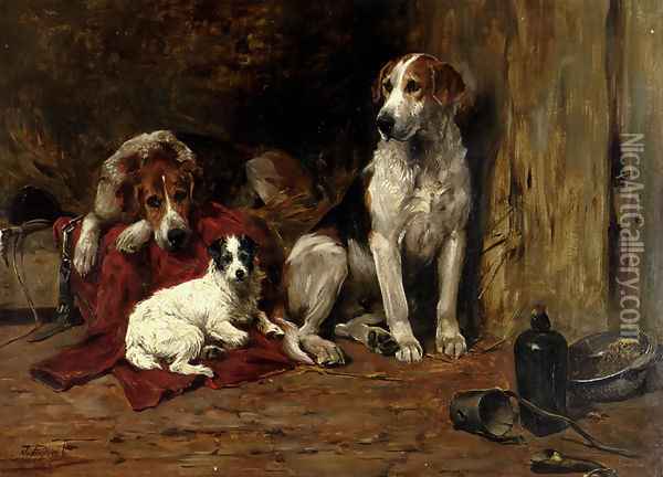 Hounds And A Jack Russell In A Stable Oil Painting - John Emms