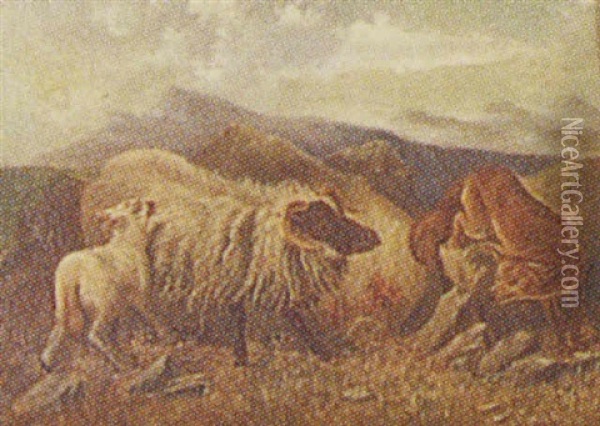 Landscape With An Ewe Protecting Her Lambs From A Fox, Mountains In The Background Oil Painting - Howard L. Hill