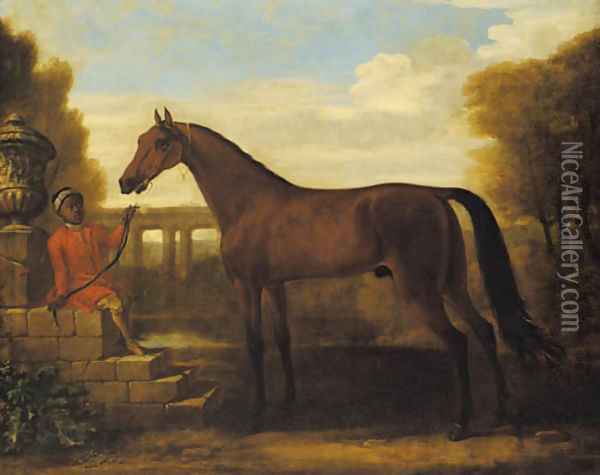 A dark bay Arab stallion, held by a groom seated on stone steps by a classical urn, a viaduct in the landscape beyond Oil Painting - John Wootton