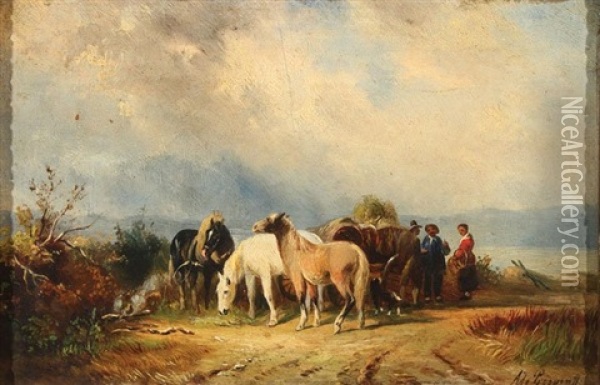 Horses And Figures In A Landscape Oil Painting - Albert Jurardus van Prooijen