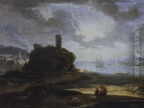 Sudlicher Seehafen Mit Einem Wachtturm Oil Painting - Johann Anton Eismann