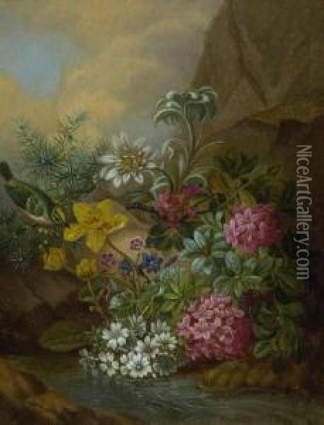 Alpenblumen. Oil Painting - Anton Mollis