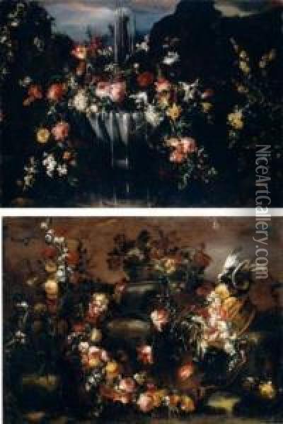 Various Flowers Beside A Fountain (#) Garland And Baskets Of Flowers Oil Painting - Margherita Caffi