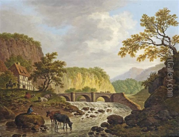 Vue Du Pont De Plauen Pres De Dresde Oil Painting - Daniel Dupre