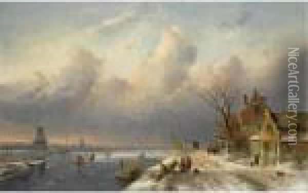 A Winter Landscape With Figures Near A Village Oil Painting - Charles Henri Leickert