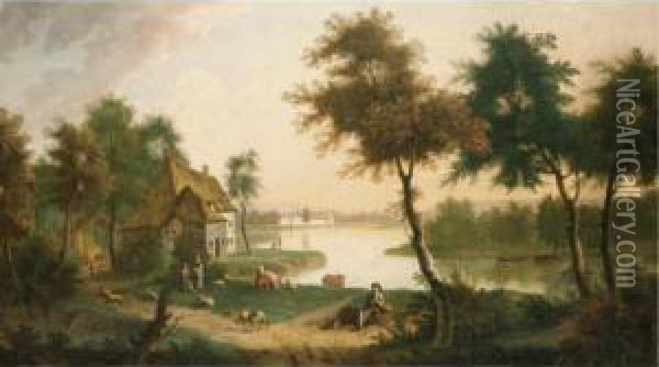 Extensive River Landscape With A Herdsman And Other Figures In The Foreground Oil Painting - George, of Chichester Smith